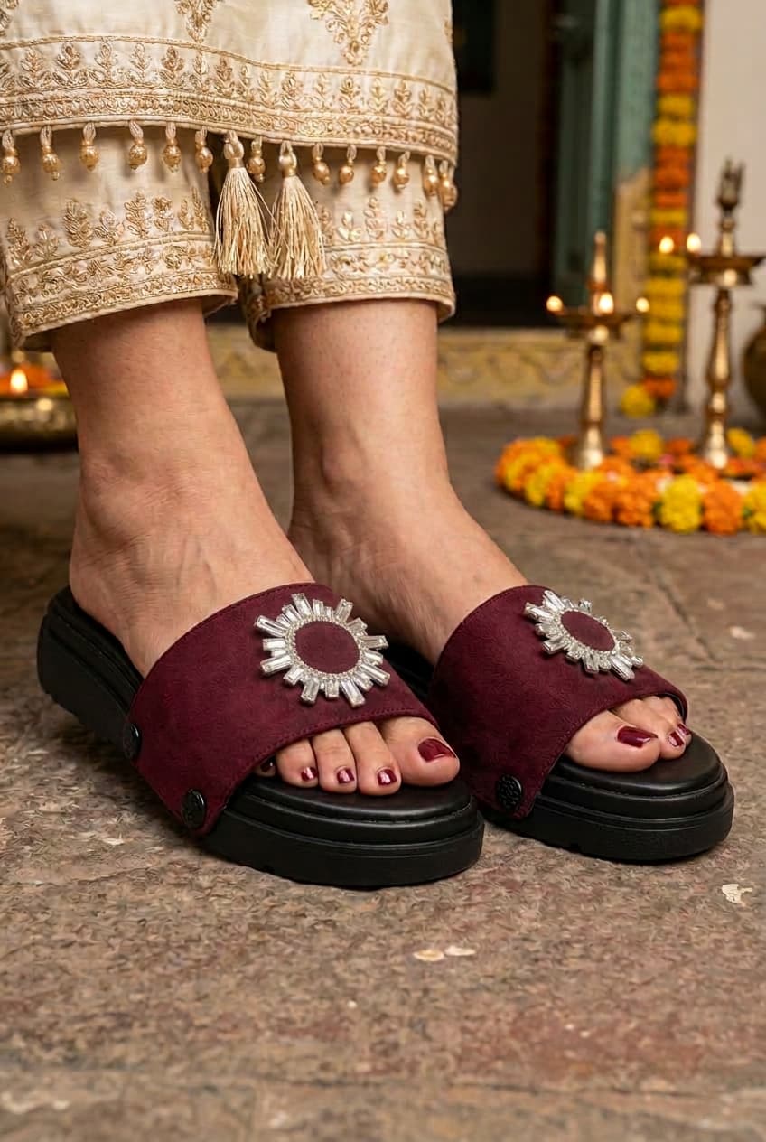 Maroon Embellished Sandals – 1-Strap Combo