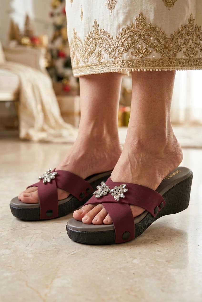 Maroon Embellished Crisscross Sandals – 1-Strap Combo