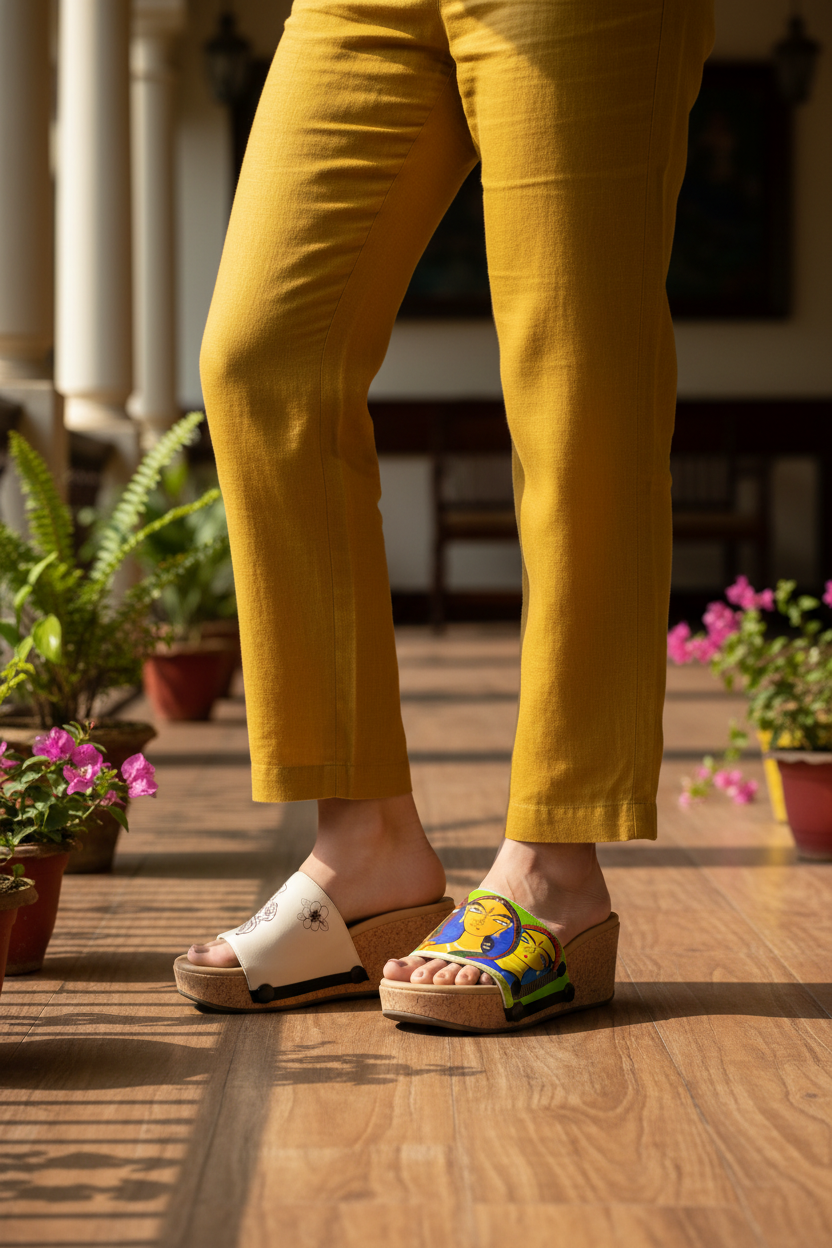 Mid-length shot of slim model wearing Kalighat Folk Art ethnic strap sandal with vibrant Bengali folk print and cork wedge, styled with mustard linen trousers on a sunlit haveli verandah, by Soule Footwear