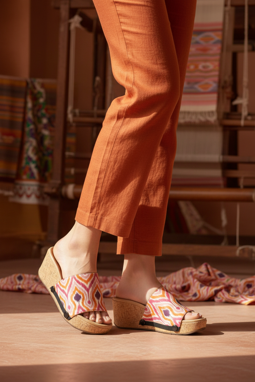 Mid-length shot of slim model wearing Pochampally Ikat ethnic strap sandal with orange and pink ikat flame weave print and cork wedge, styled with ivory linen trousers in a heritage craft courtyard, by Soule Footwear