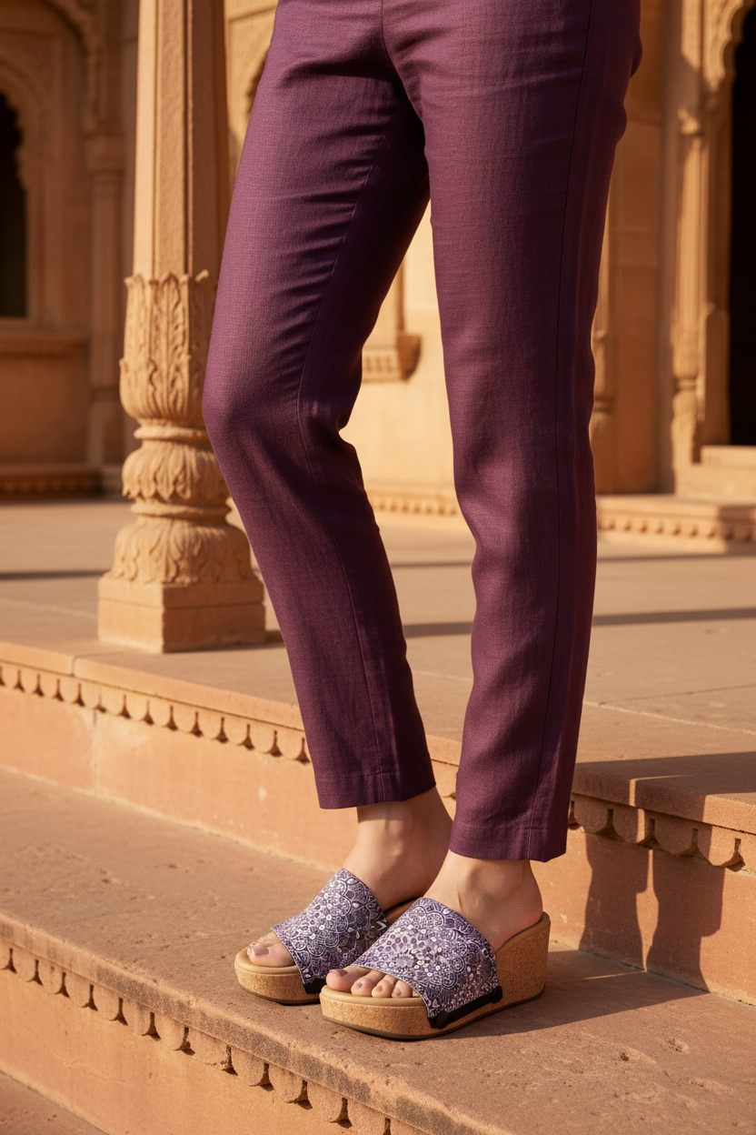 Mid-length shot of slim model wearing Heritage Bloom ethnic strap sandal with deep purple mandala print and cork wedge, styled in a Rajasthani courtyard, by Soule Footwear