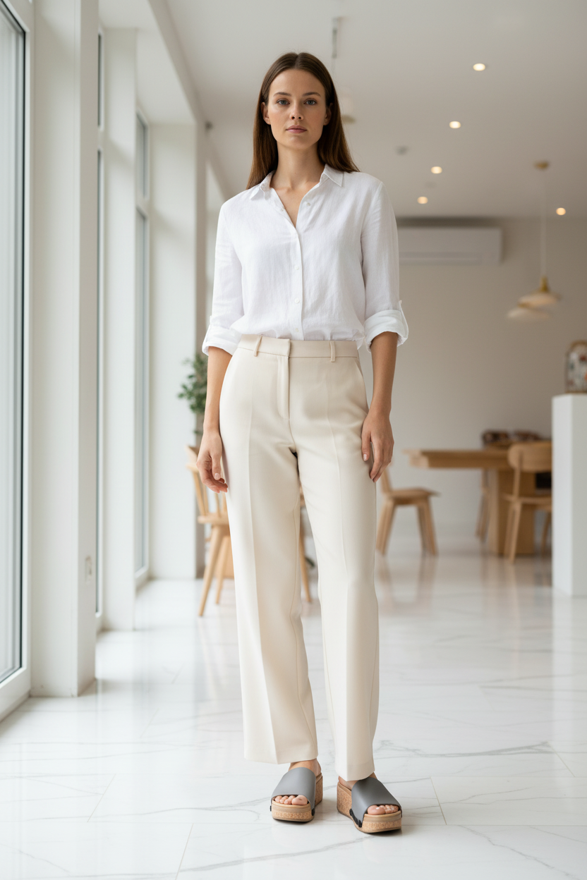 Full-length lifestyle shot of slim woman wearing plain grey Soule interchangeable sandal strap on cork wedge sole, styled with cream straight-leg trousers and white linen shirt in a bright minimal interior