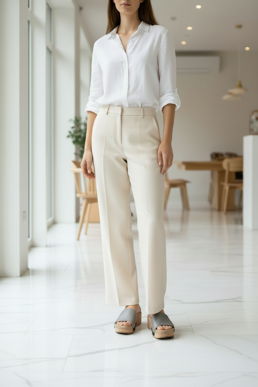 Mid-length shot of slim woman wearing plain grey Soule snap-on sandal strap on cork wedge sole, styled with cream trousers and white shirt on white marble floor