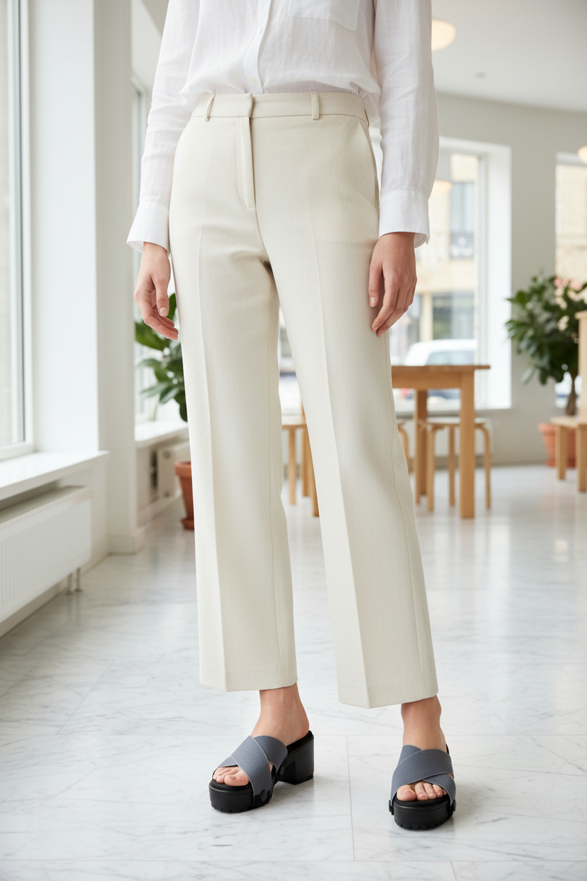 Mid-length shot of slim woman wearing grey criss-cross Soule sandal strap on black platform sole, styled with cream wide-leg trousers in a bright minimal interior