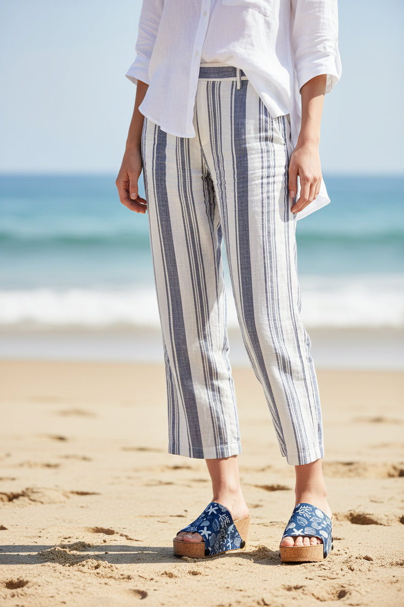 Mid shot of slim model wearing Seashell Soule sandals on beach in navy and white linen trousers