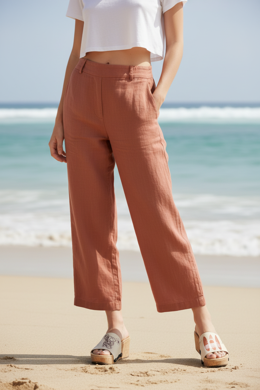 Mid shot of slim model wearing Sand Surf & Sea Soule sandals on beach in terracotta linen trousers and white crop top