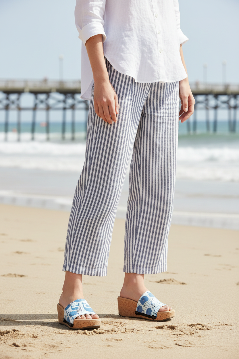  Mid shot of slim model wearing Whale of a Time Soule sandals on beach in navy and white linen trousers and white shirt