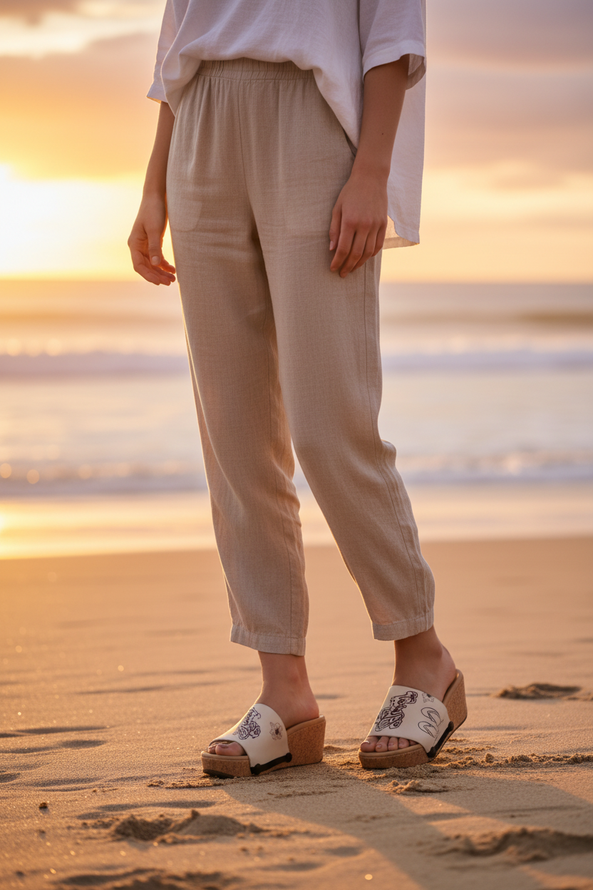 Mid shot of slim model wearing Aloha Vibes Soule sandals on beach at golden hour in beige linen trousers