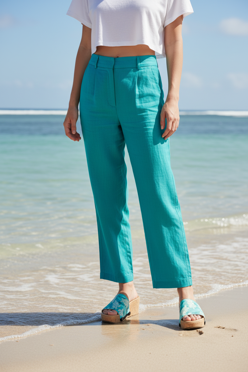 Mid shot of slim model wearing Turtle Paradise Soule sandals at water's edge in turquoise linen trousers and white crop top