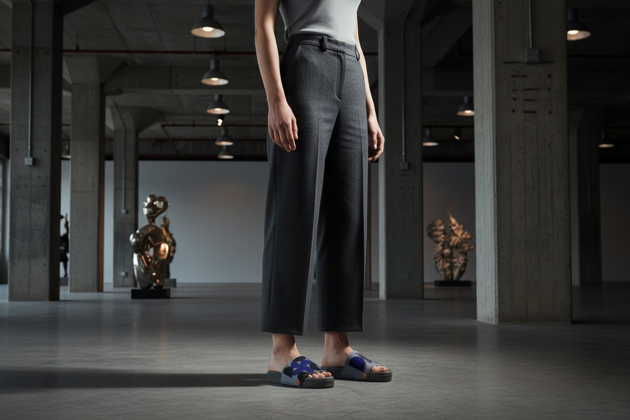 Geometric interchangeable sandal pair in brutalist contemporary art space by Soule