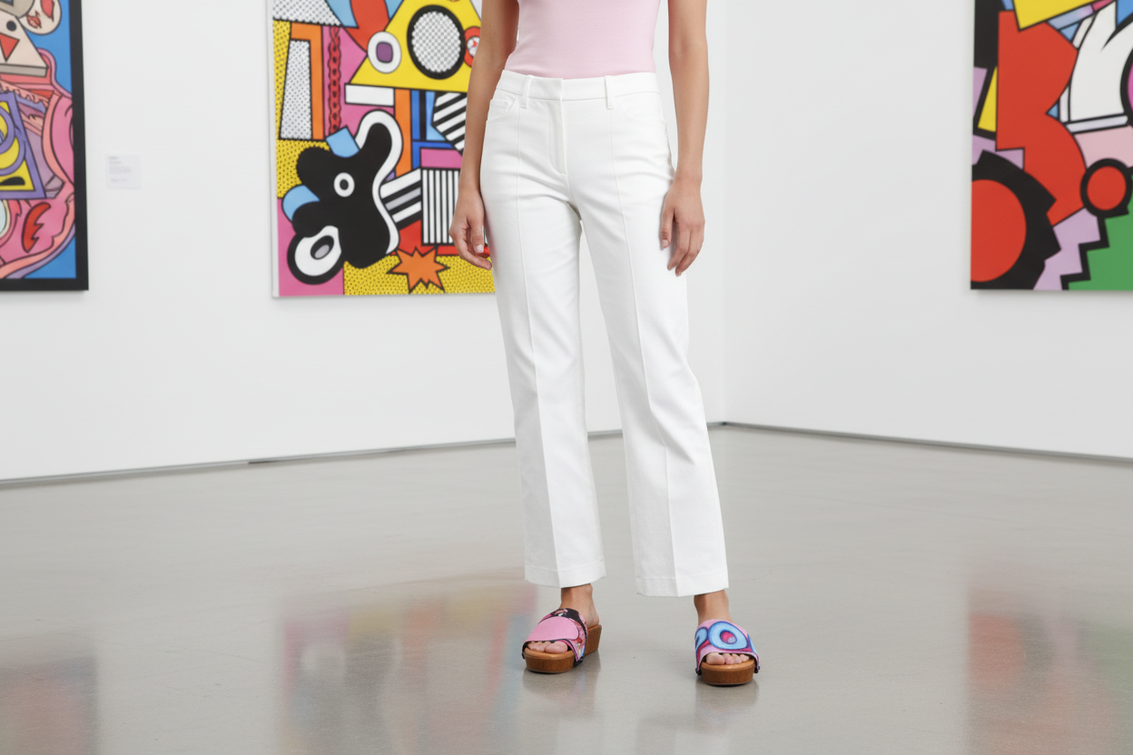 woman wearing Pop Circle Soule wedge sandals in smart casual outfit in sleek minimalist pop art gallery
