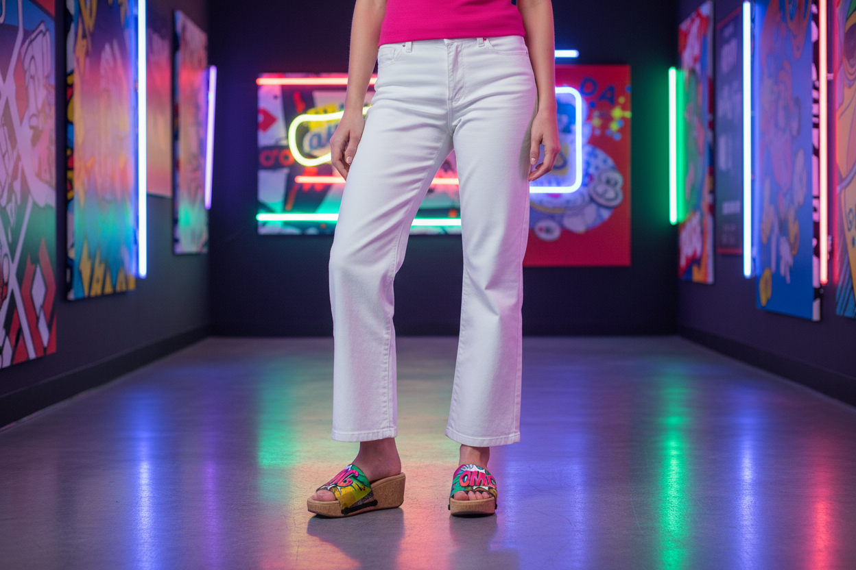 woman wearing OMG Soule cork wedge sandals in smart casual outfit in bold contemporary pop art gallery