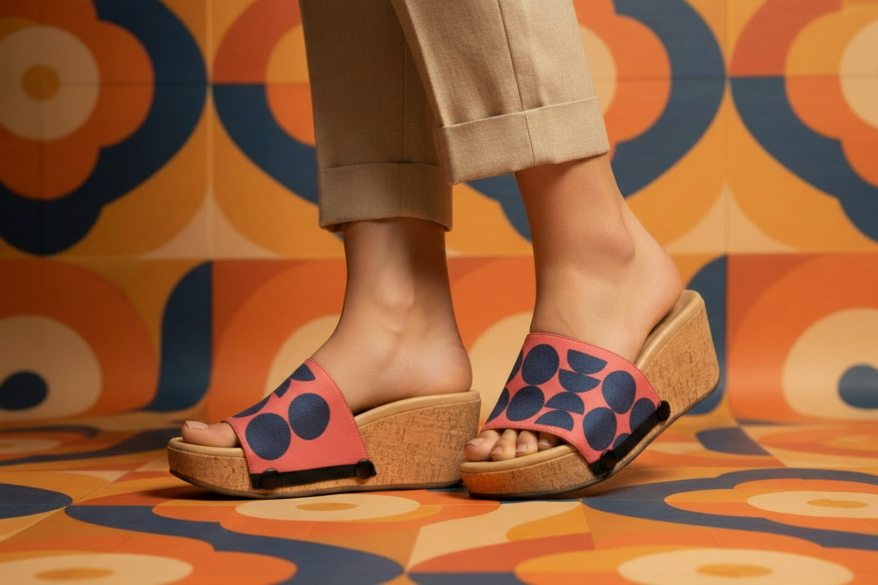 Retro Rhythm interchangeable sandal in bold graphic design studio by Soule