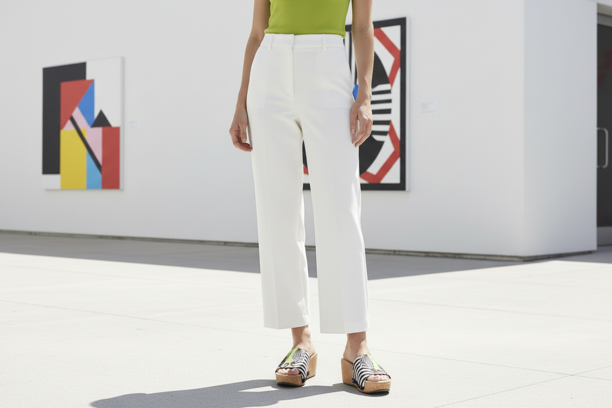 Zebra Pop interchangeable sandal set mid shot - bold graphic zebra tunnel print on lime green cork wedge at contemporary art gallery by Soule