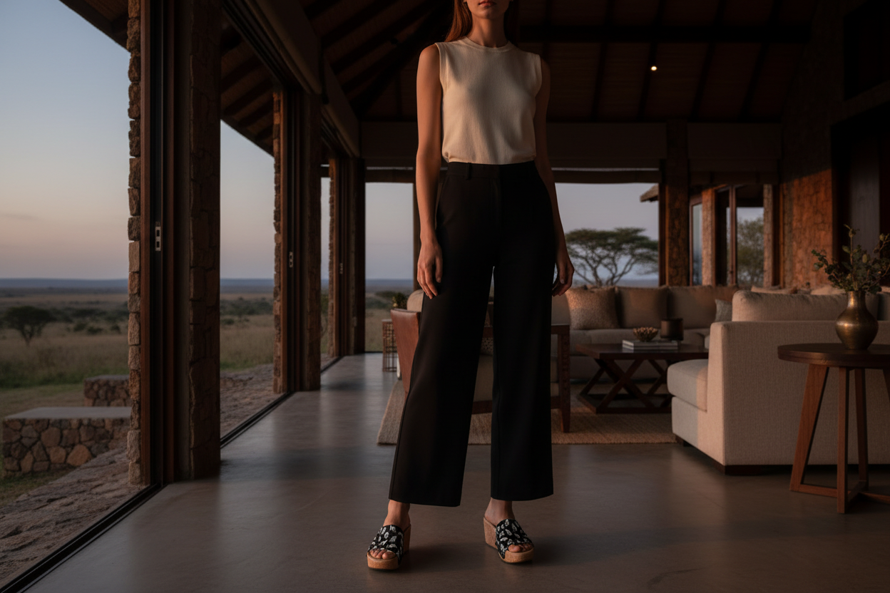 woman wearing Cheetah Noir Soule cork wedge sandals in smart casual black outfit on breathtaking African savanna at dusk