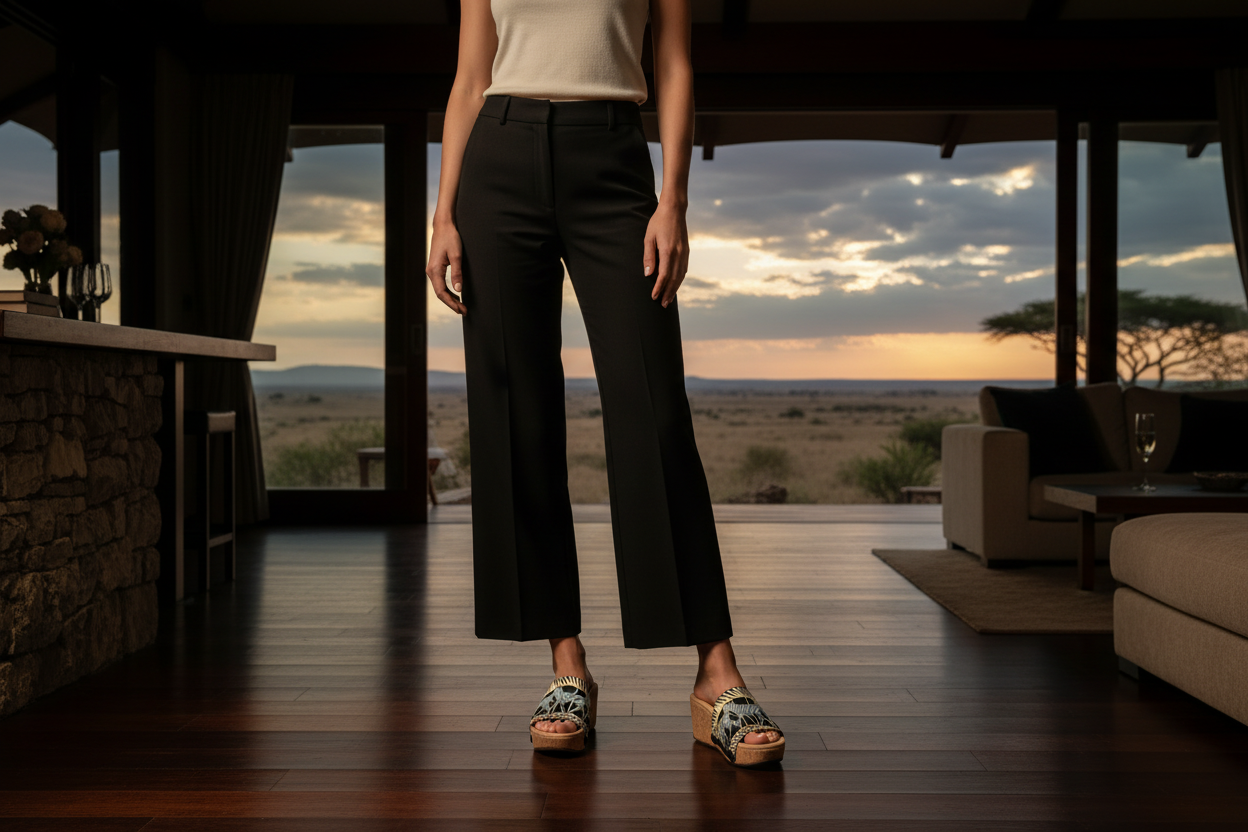 Zebra Luxe interchangeable sandal set mid shot - triple animal print cork wedge at African game lodge at golden dusk by Soule