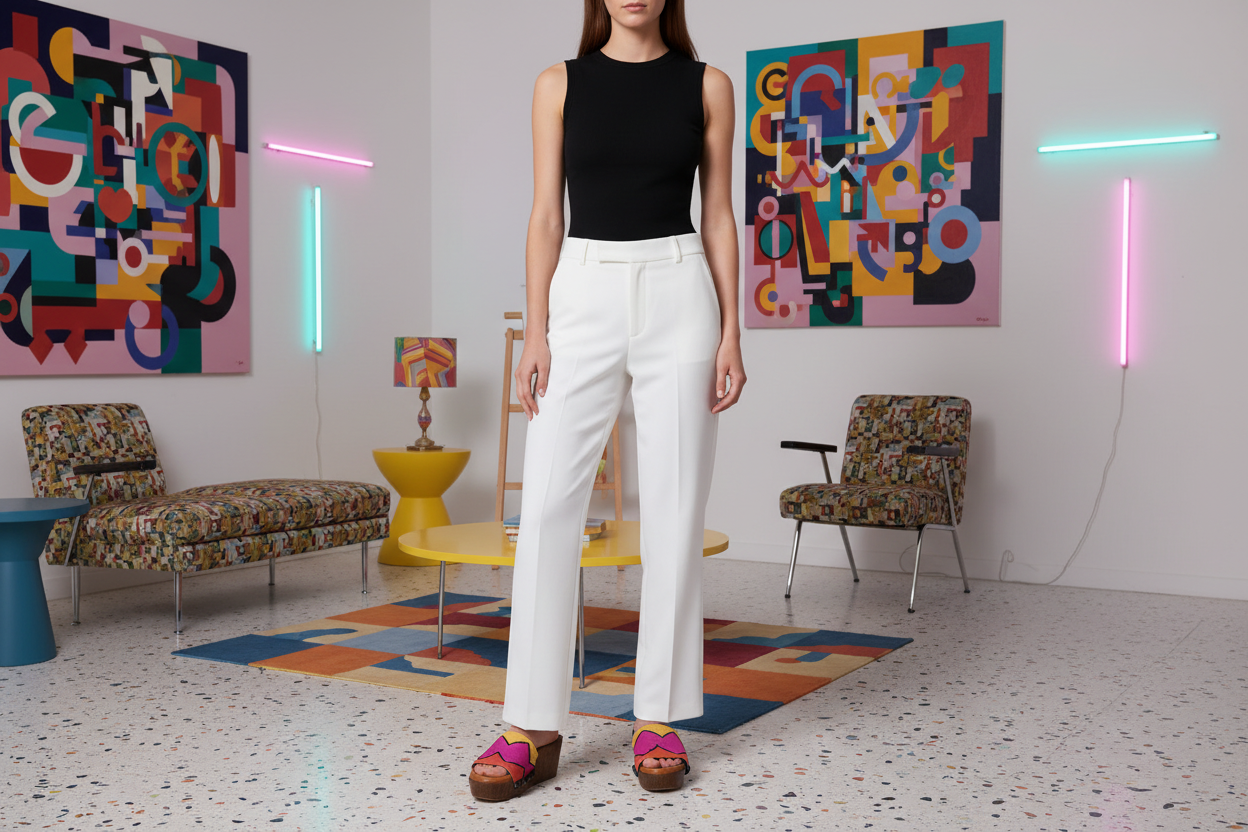 woman wearing Zigzag Soule wedge sandals in smart casual outfit in vibrant contemporary design gallery