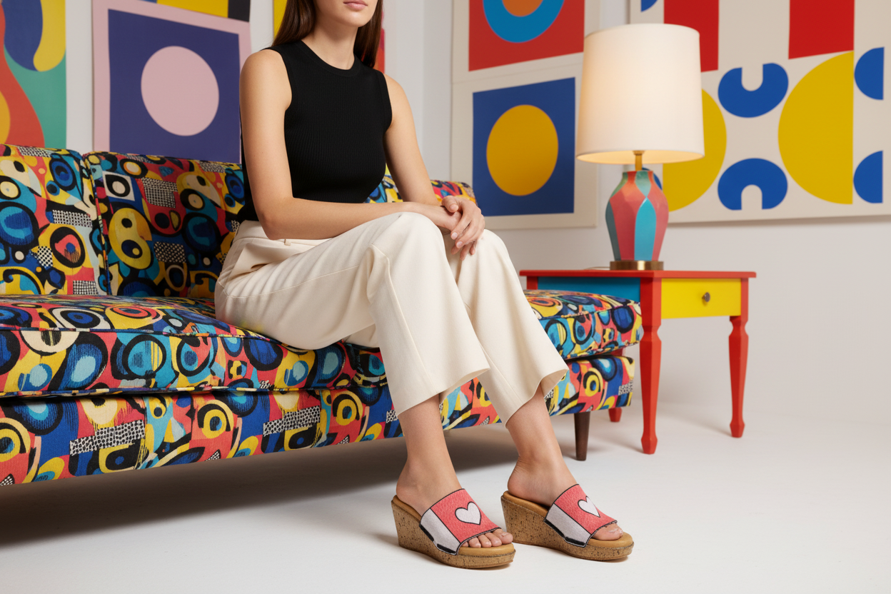 Pop Heart interchangeable sandal pair in bold retro pop art studio by Soule