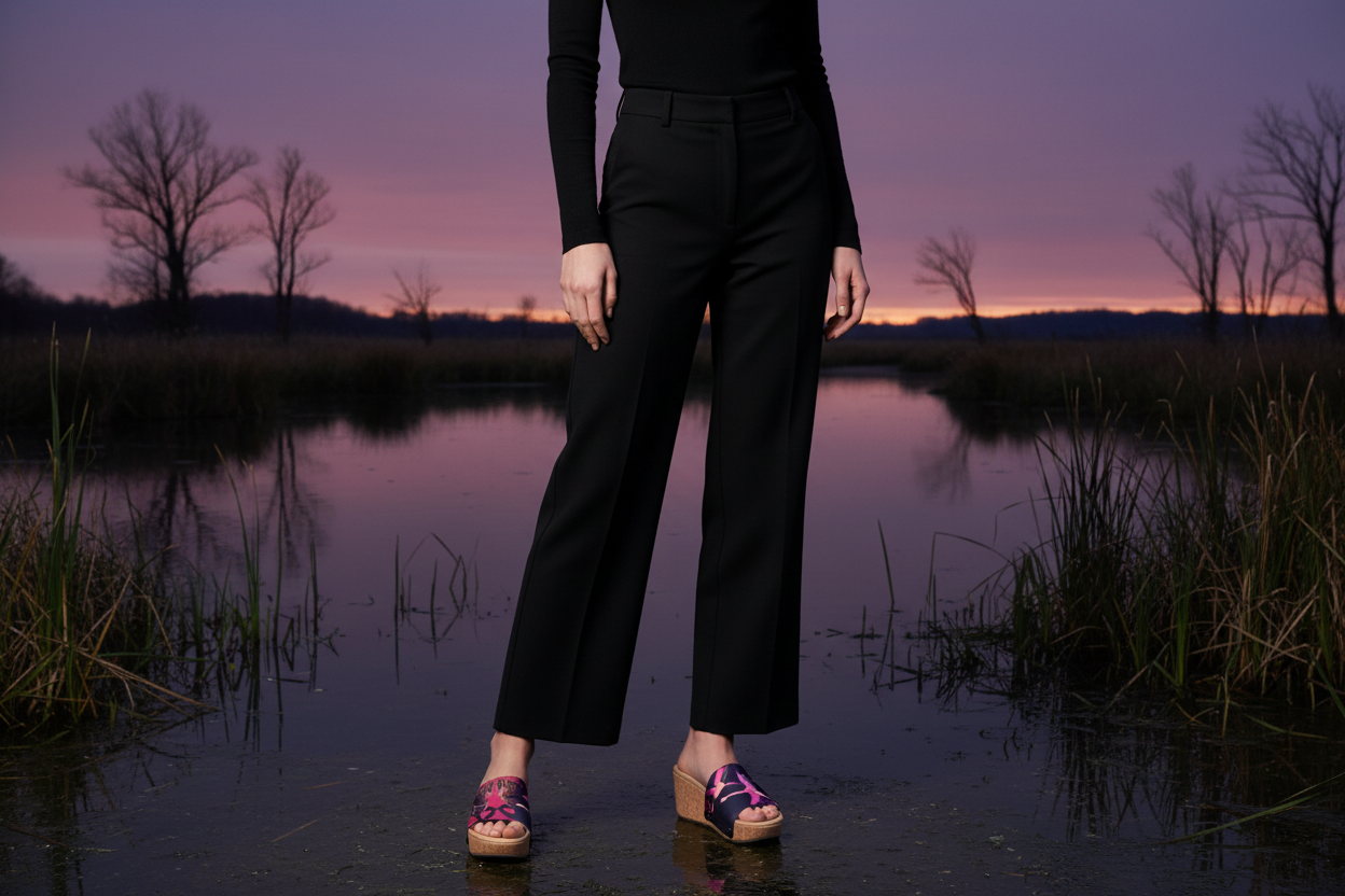 woman wearing Midnight Flamingo Flight Soule cork wedge sandals in smart casual outfit at stunning coastal twilight landscape