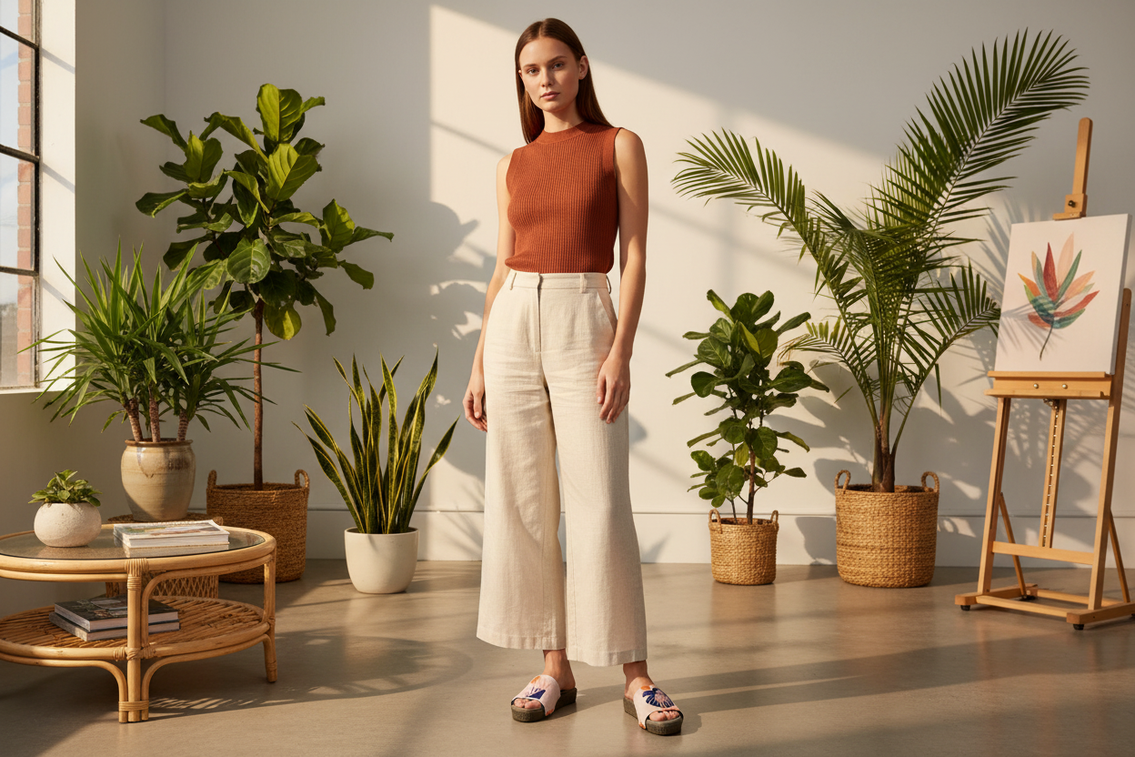 woman wearing Lush Leaf Soule flat sandals in smart casual outfit in tropical modernist art space