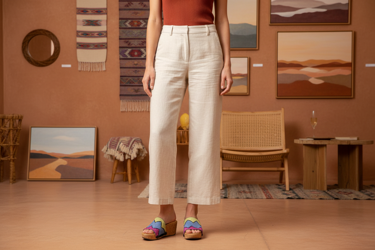 woman wearing Mountain Wave Soule wedge sandals in smart casual outfit in Californian desert art space