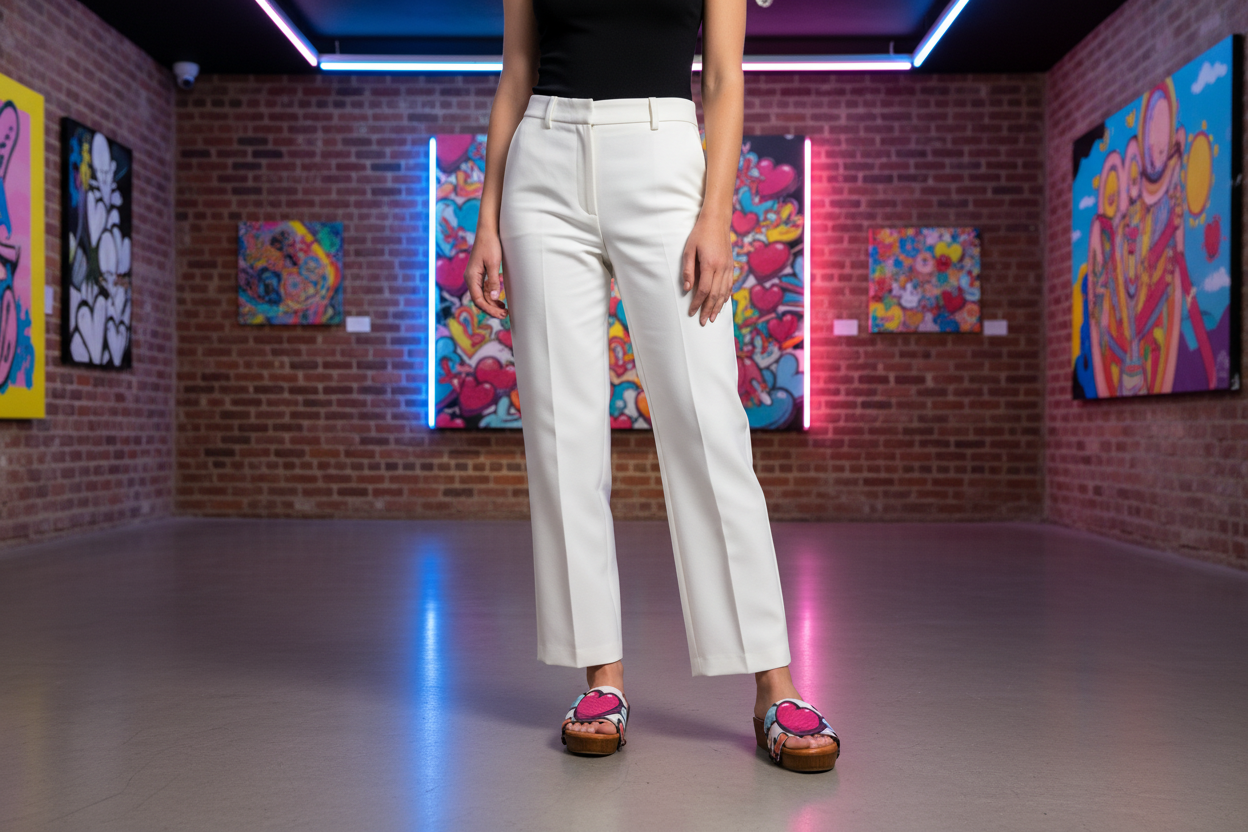 woman wearing Love Bomb Soule flat slide sandals in smart casual outfit in vibrant street art district