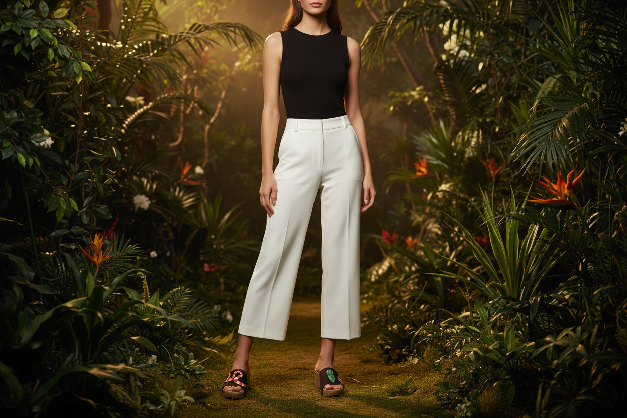 woman wearing Snake Charm Soule cork wedge sandals in smart casual outfit on tropical rainforest path