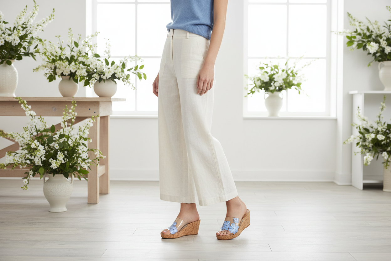 Blue Bloom interchangeable sandal pair in Scandinavian floral studio by Soule