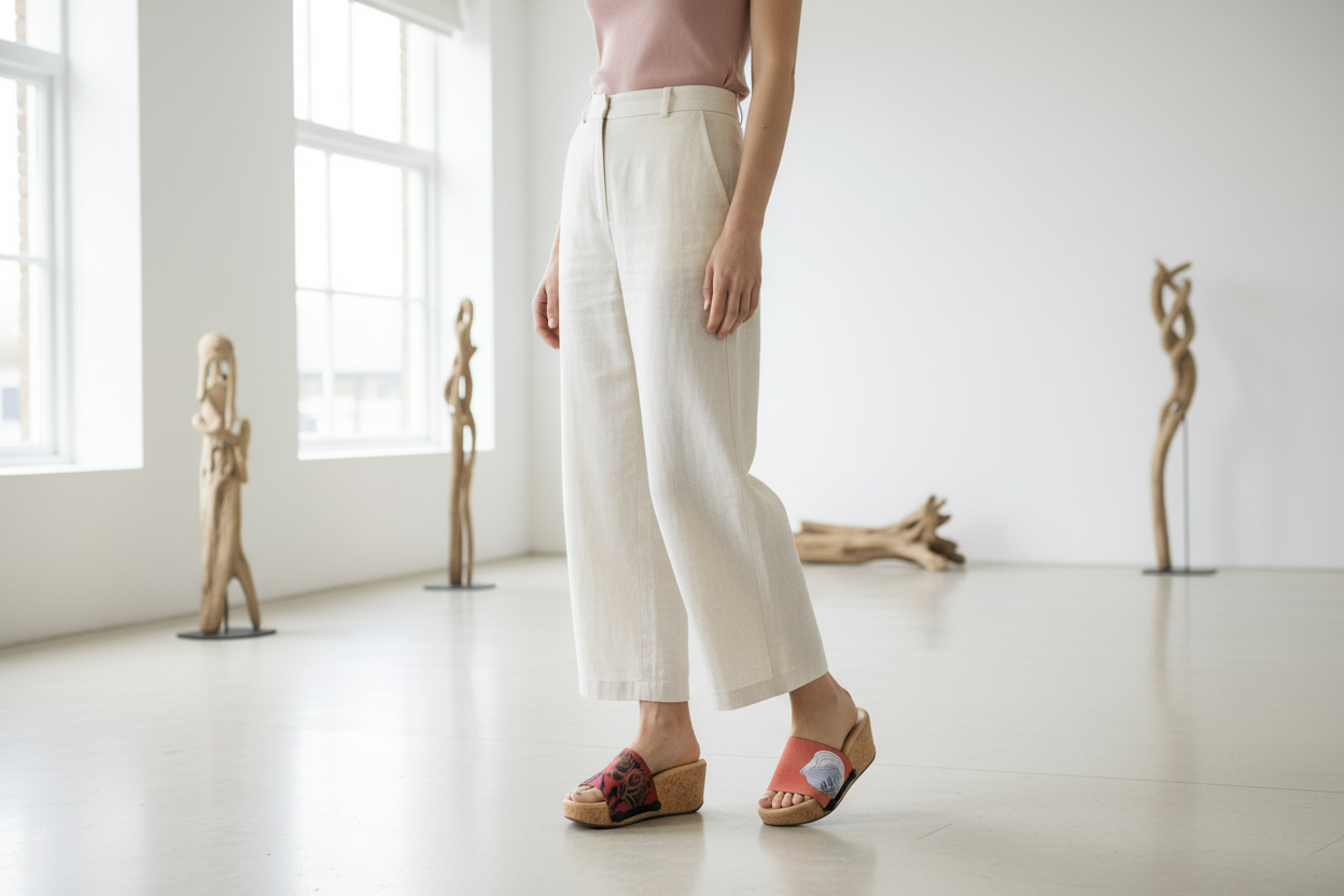 Elegant Modern Art interchangeable sandal in serene coastal gallery by Soule