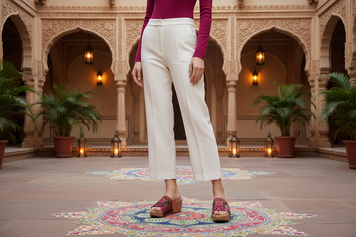 woman wearing Royal Parade Soule cork wedge sandals in smart casual outfit at magnificent Indian palace at golden hour