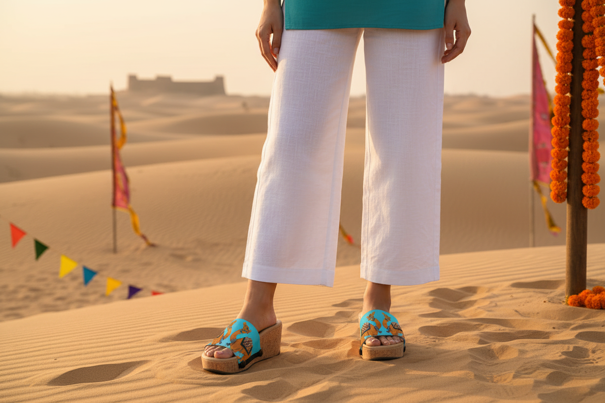 woman wearing Desert Royale Soule cork wedge sandals in smart casual outfit in breathtaking Rajasthan 
