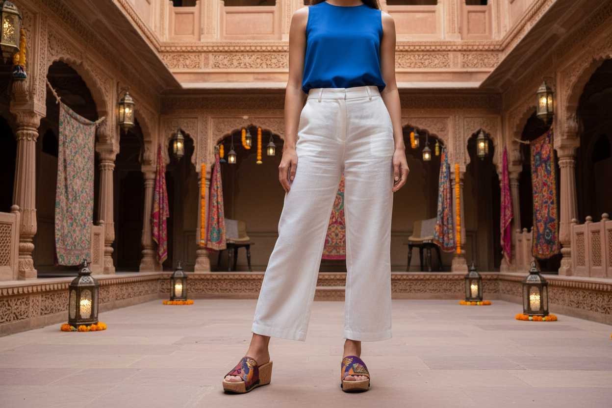 Mid shot — both sandals in stunning Rajasthani heritage haveli courtyard