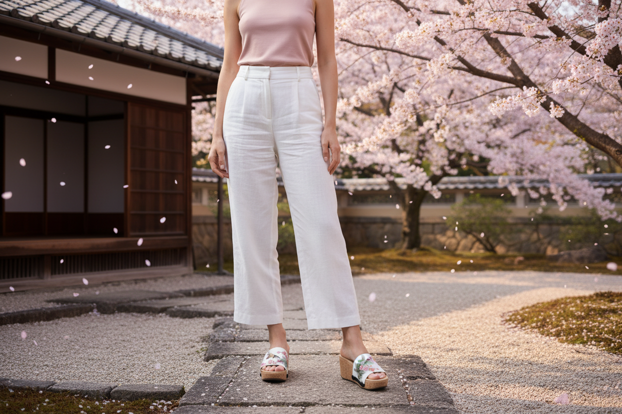 Blossom Bird interchangeable sandal set mid shot - ethereal watercolour hummingbird and cherry blossom straps on cork wedge in Japanese garden by Soule