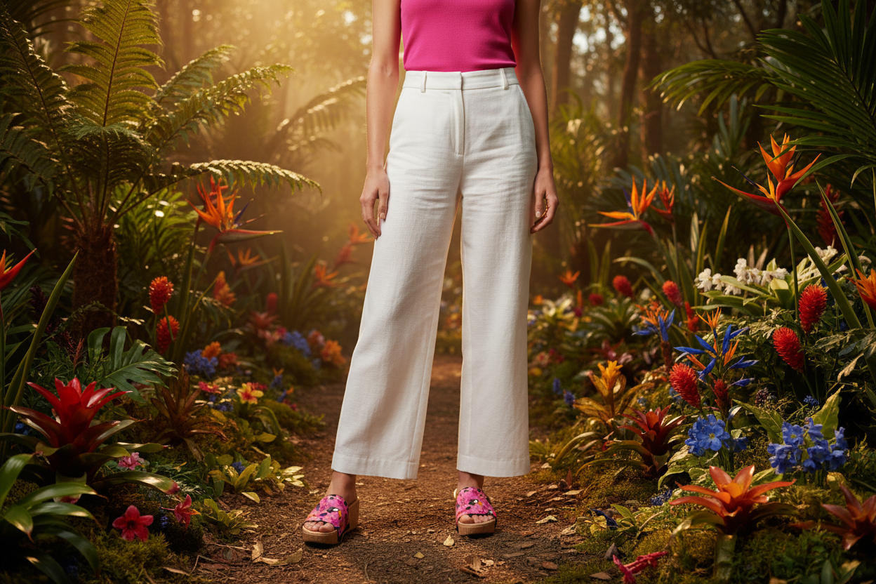 woman wearing Tropical Toucan Bliss Soule cork wedge sandals in smart casual white outfit in breathtaking tropical paradise