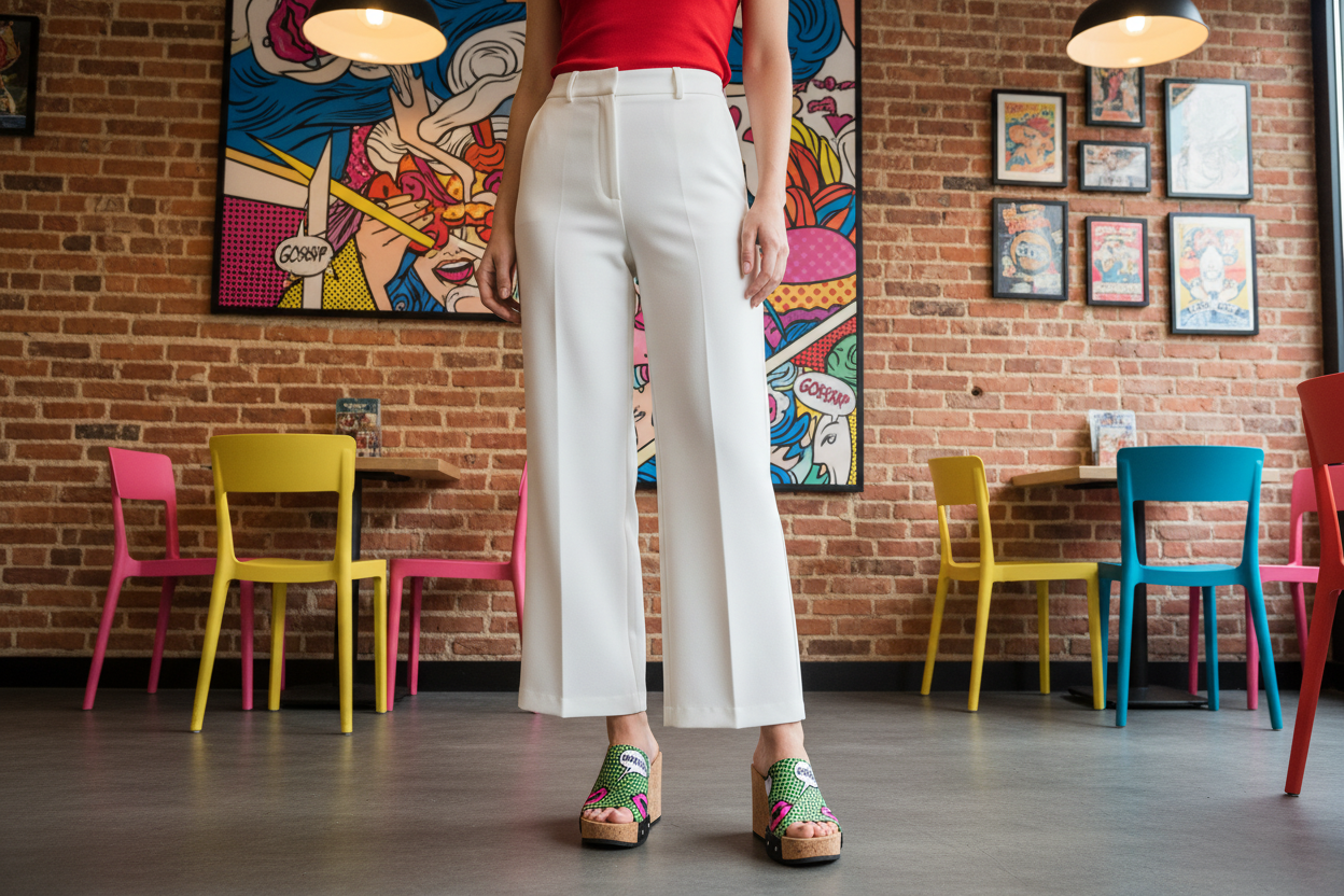 woman wearing Gossip Girl Soule wedge sandals in smart casual outfit in contemporary pop art gallery