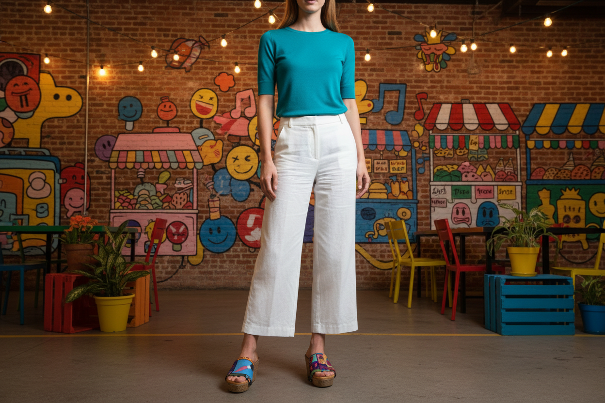 woman wearing Pop Life Soule wedge sandals in smart casual outfit in contemporary pop art gallery