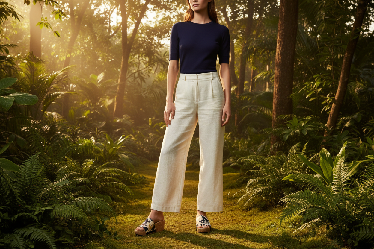 woman wearing Playful Primate Soule cork wedge sandals in smart casual outfit on tropical rainforest path