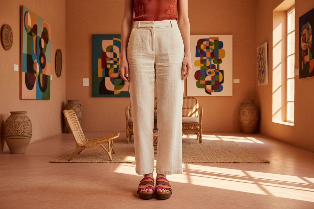 woman wearing Sunset Wave Soule wedge sandals in smart casual outfit in Moroccan courtyard art space