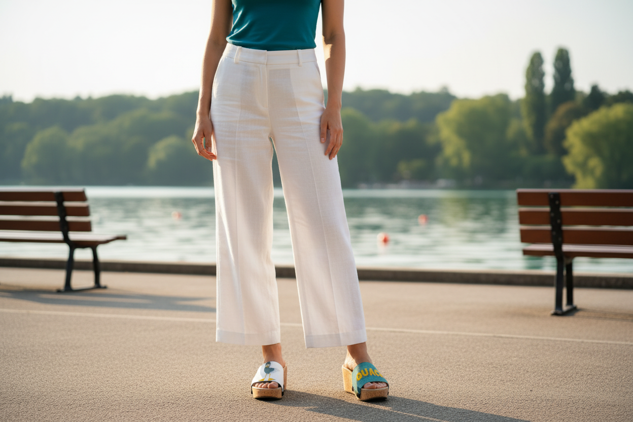 Quack interchangeable sandal set mid shot - attitude duck on white and QUACK teal cork wedge on beautiful lakeside promenade by Soule