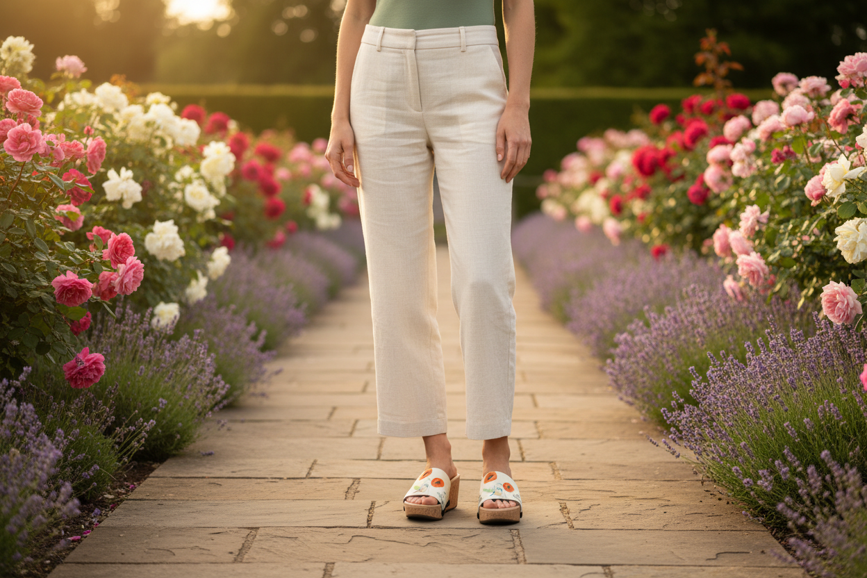 woman wearing Poppy & Robin Soule cork wedge sandals in smart casual white outfit in breathtaking English countryside at golden hour