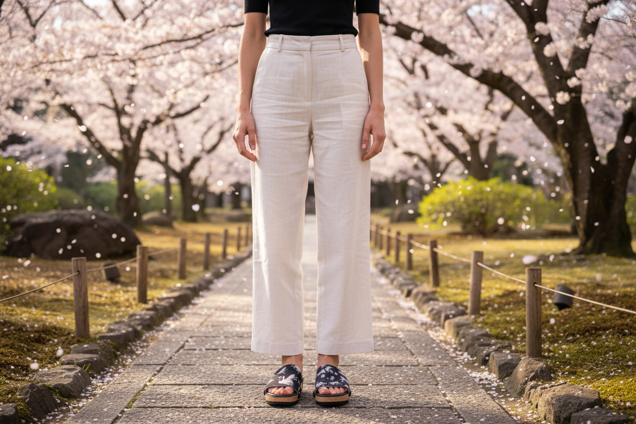 woman wearing Crane Blossom Soule cork wedge sandals in smart casual white outfit at breathtaking Japanese temple garden in cherry blossom season