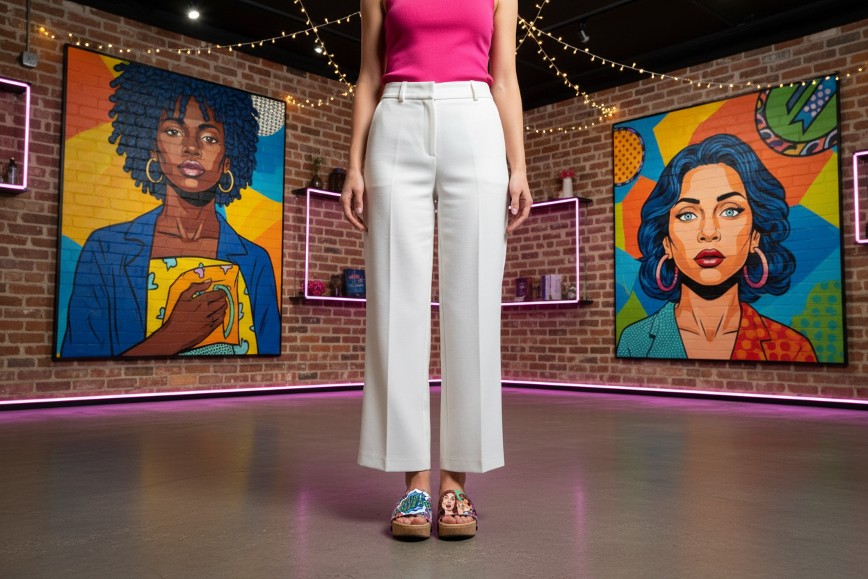 woman wearing Girl Power Soule cork wedge sandals in smart casual outfit in feminist pop art gallery
