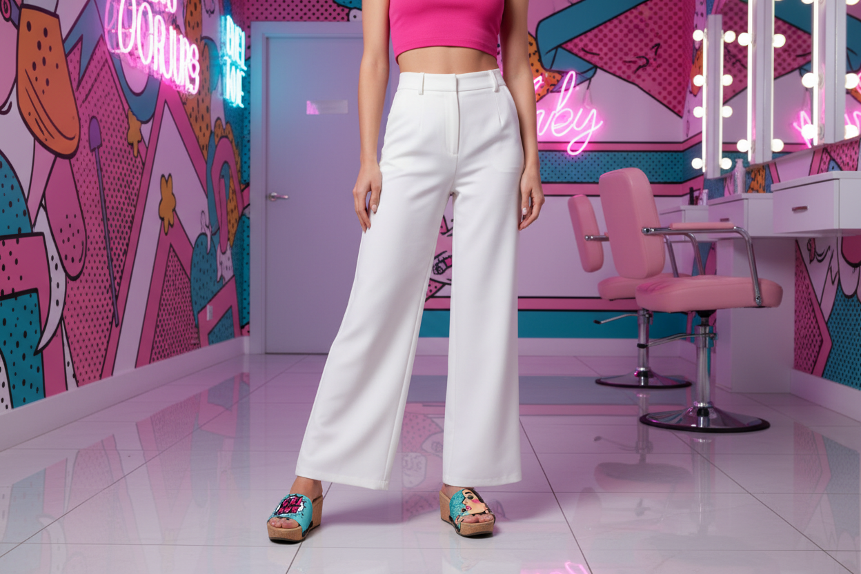 woman wearing Pop Diva Soule cork wedge sandals in smart casual outfit in glamorous pop art gallery