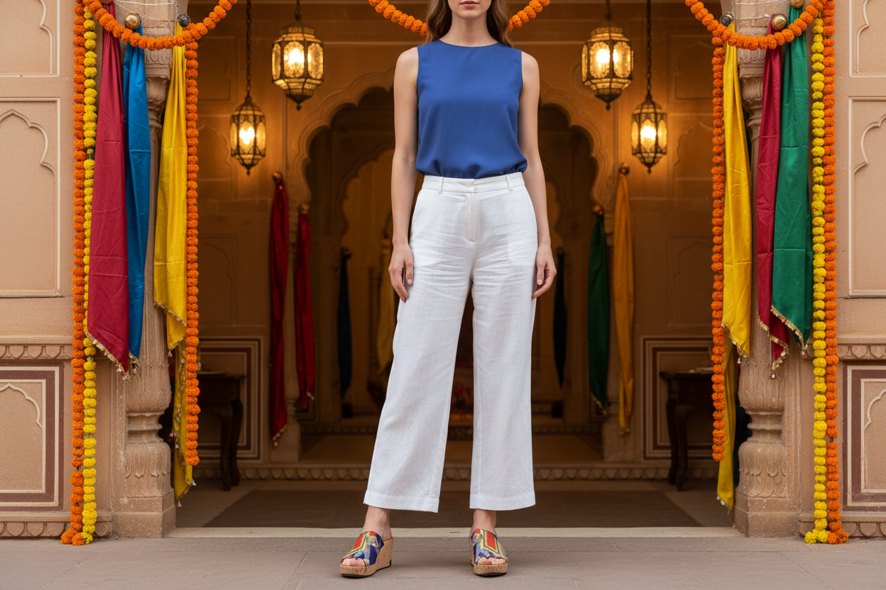 Mid shot — correct Royal Elephant straps at stunning Indian palace entrance