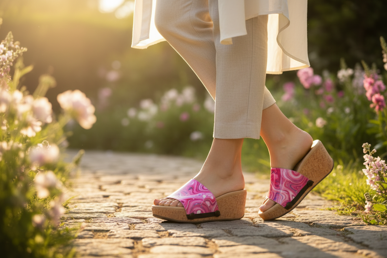 Pink Fluid Art interchangeable sandal worn in romantic garden setting by Soule