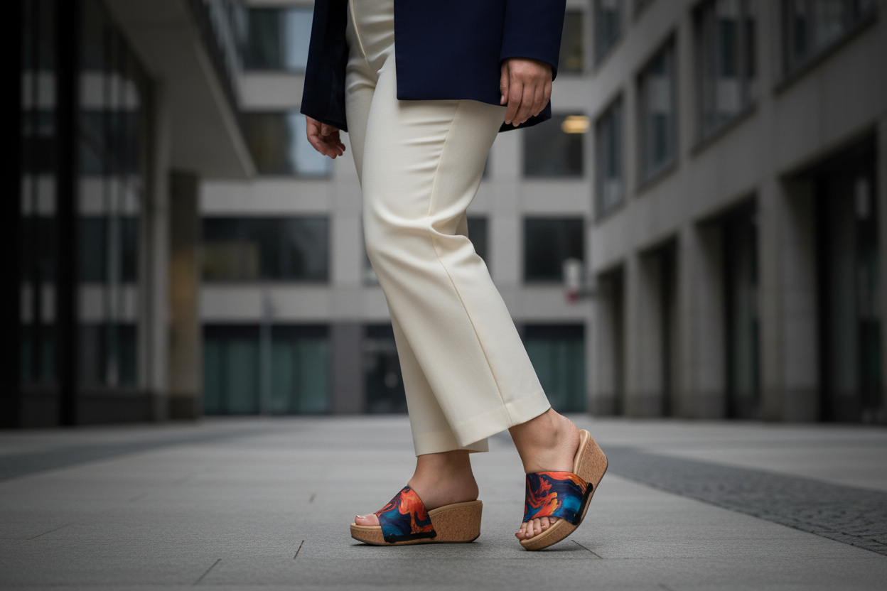 Bold Fluid Art interchangeable sandal worn in urban setting by Soule
