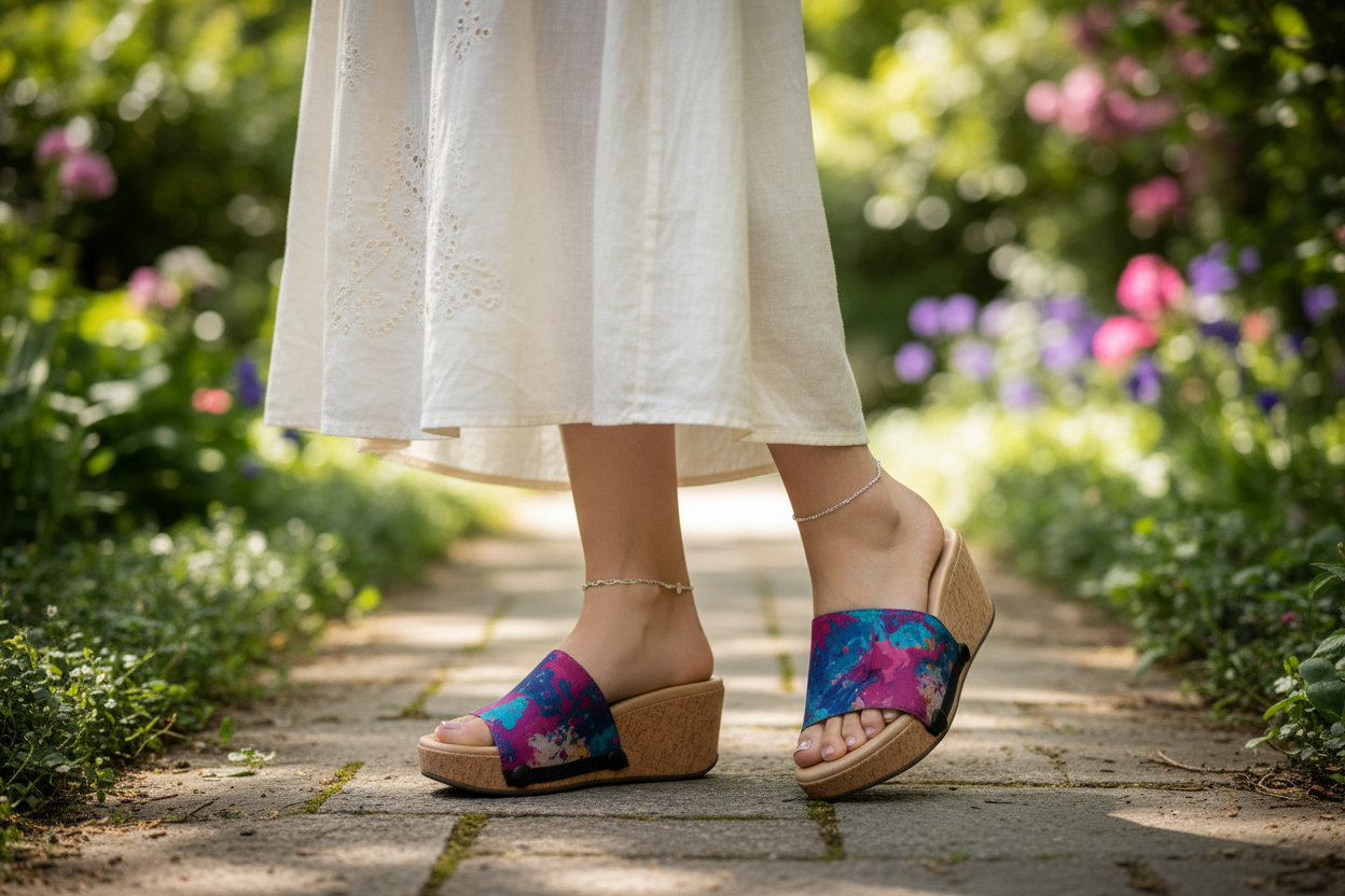 Vibrant Fluid Art interchangeable sandal worn casually outdoors by Soule