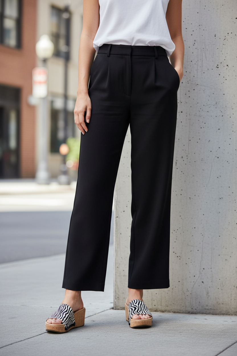  Mid shot of slim model wearing Zebra Elegance Soule sandals in black wide-leg trousers and white top on city street