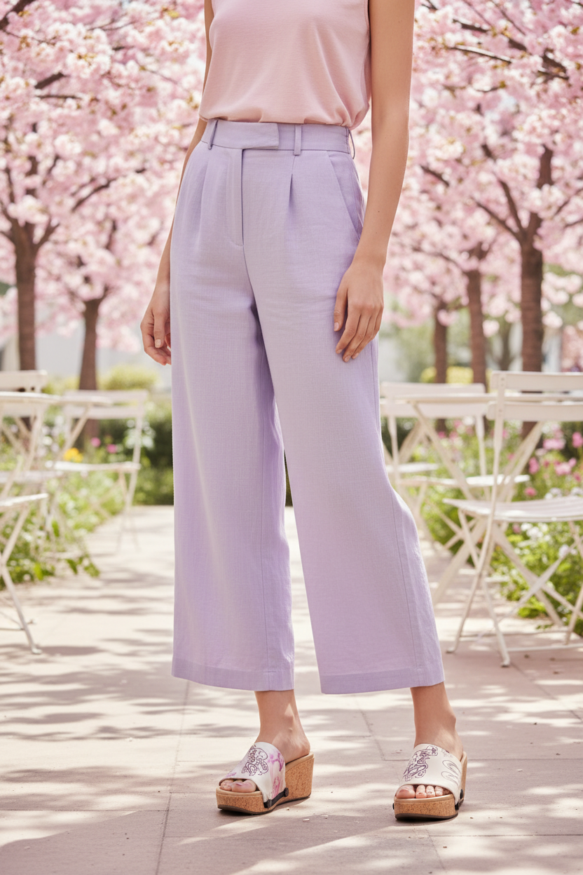 Mid shot of slim model wearing Enchanting Fluid Soule sandals in lavender linen trousers and pale pink top in a blooming cherry blossom garden