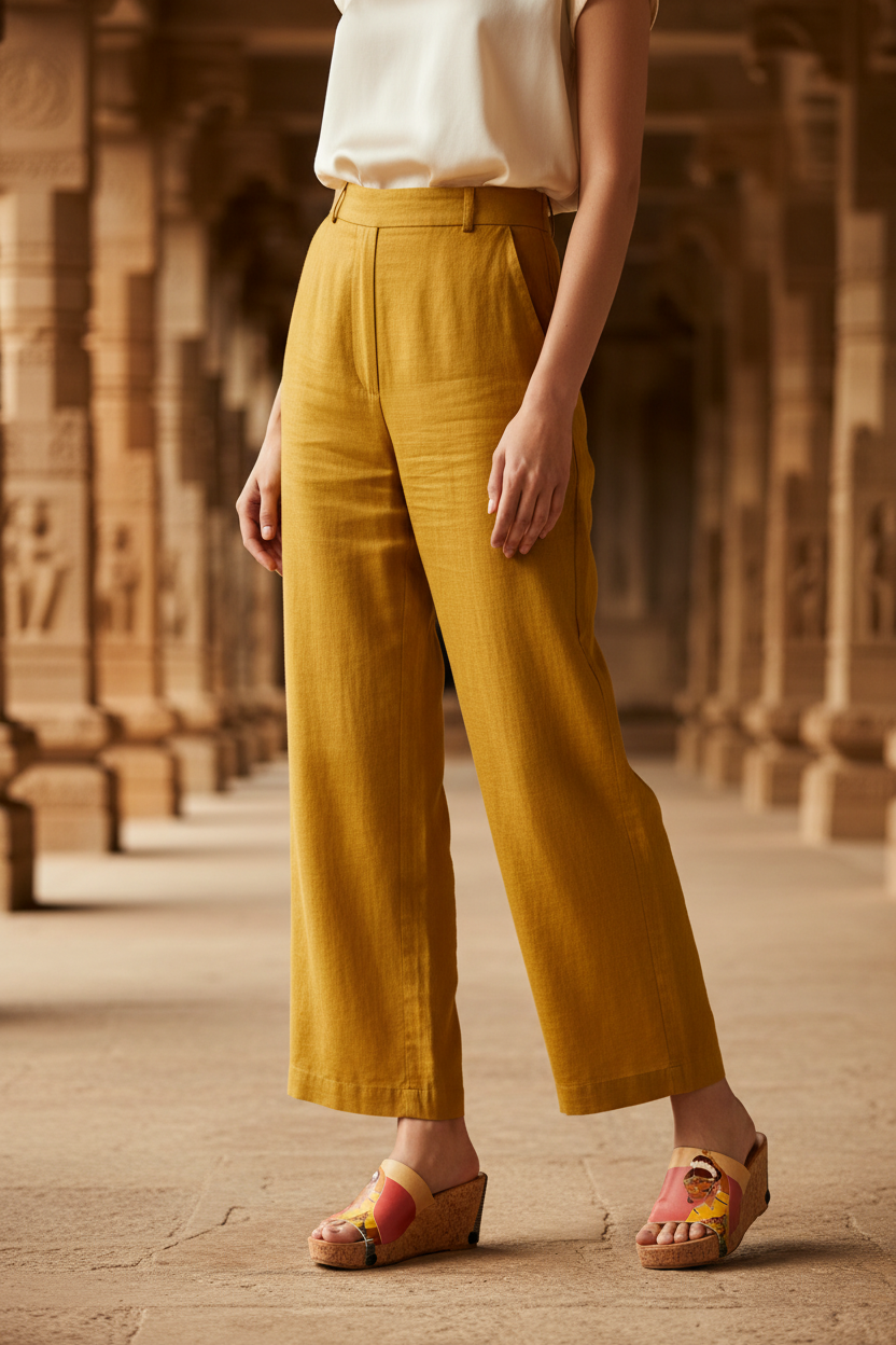 Mid shot of slim model wearing Graceful Heritage Dance Soule sandals in terracotta linen trousers and ivory silk blouse in grand heritage temple corridor with carved stone pillars